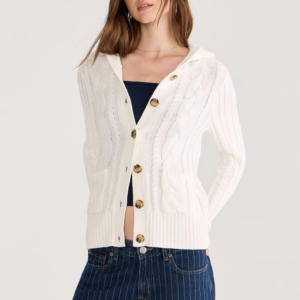White Hooded Cable Knit Button Front Cardigan