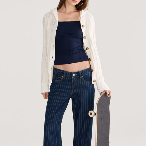 White Hooded Cable Knit Button Front Cardigan