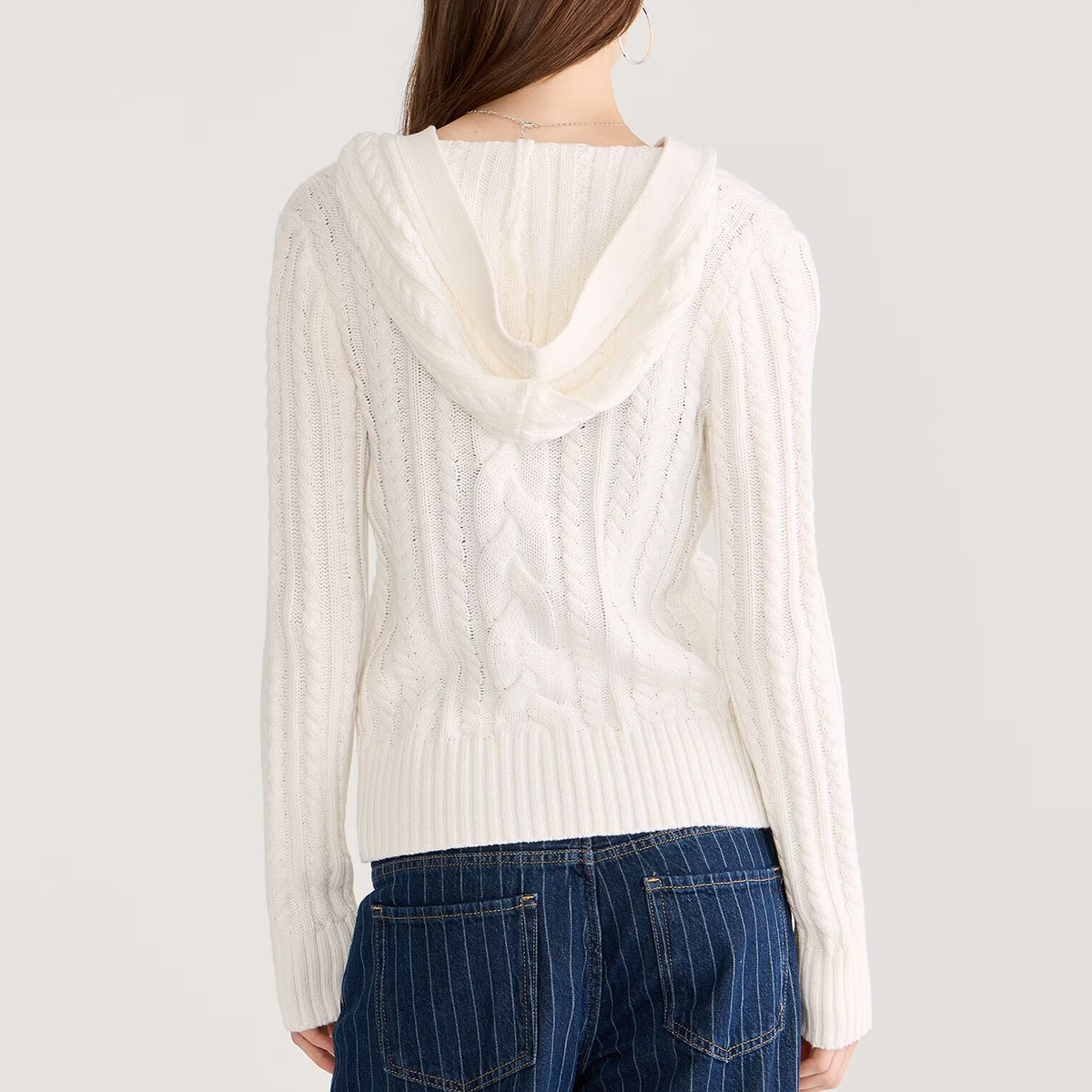 White Hooded Cable Knit Button Front Cardigan