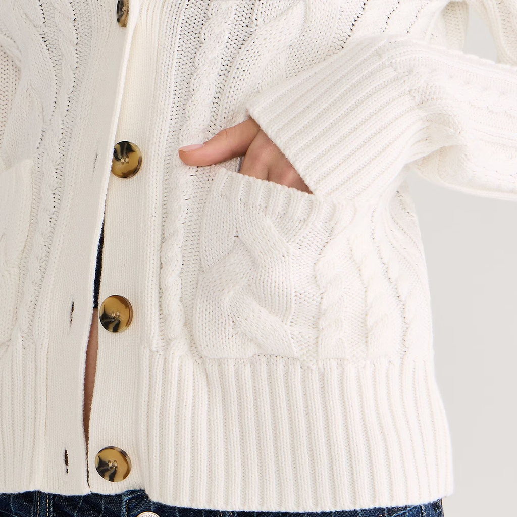 White Hooded Cable Knit Button Front Cardigan