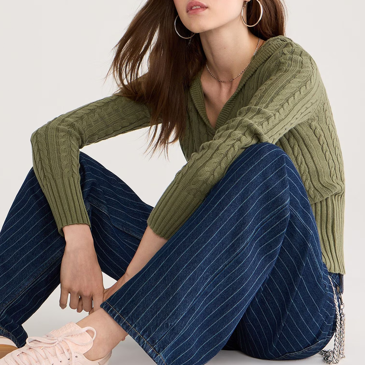 Green Cable Knit High Rib Hem Hooded Sweater