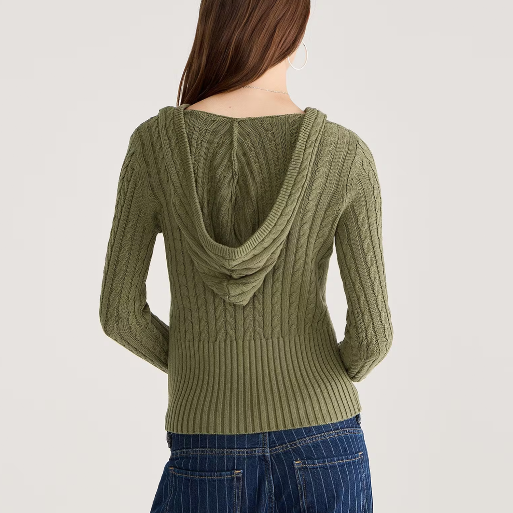 Green Cable Knit High Rib Hem Hooded Sweater