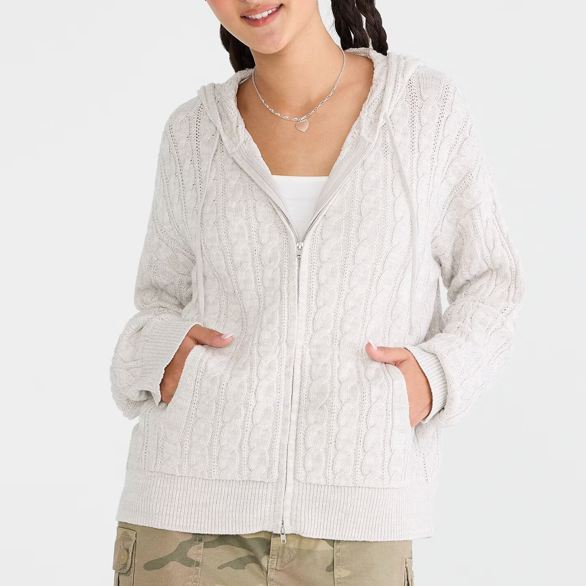 White Cable Knit Full Zip Hooded Sweater