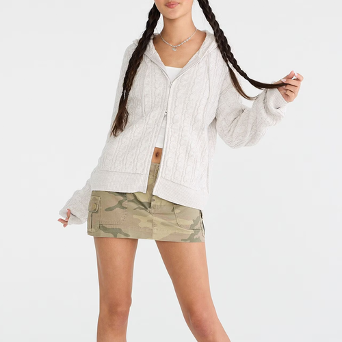 White Cable Knit Full Zip Hooded Sweater