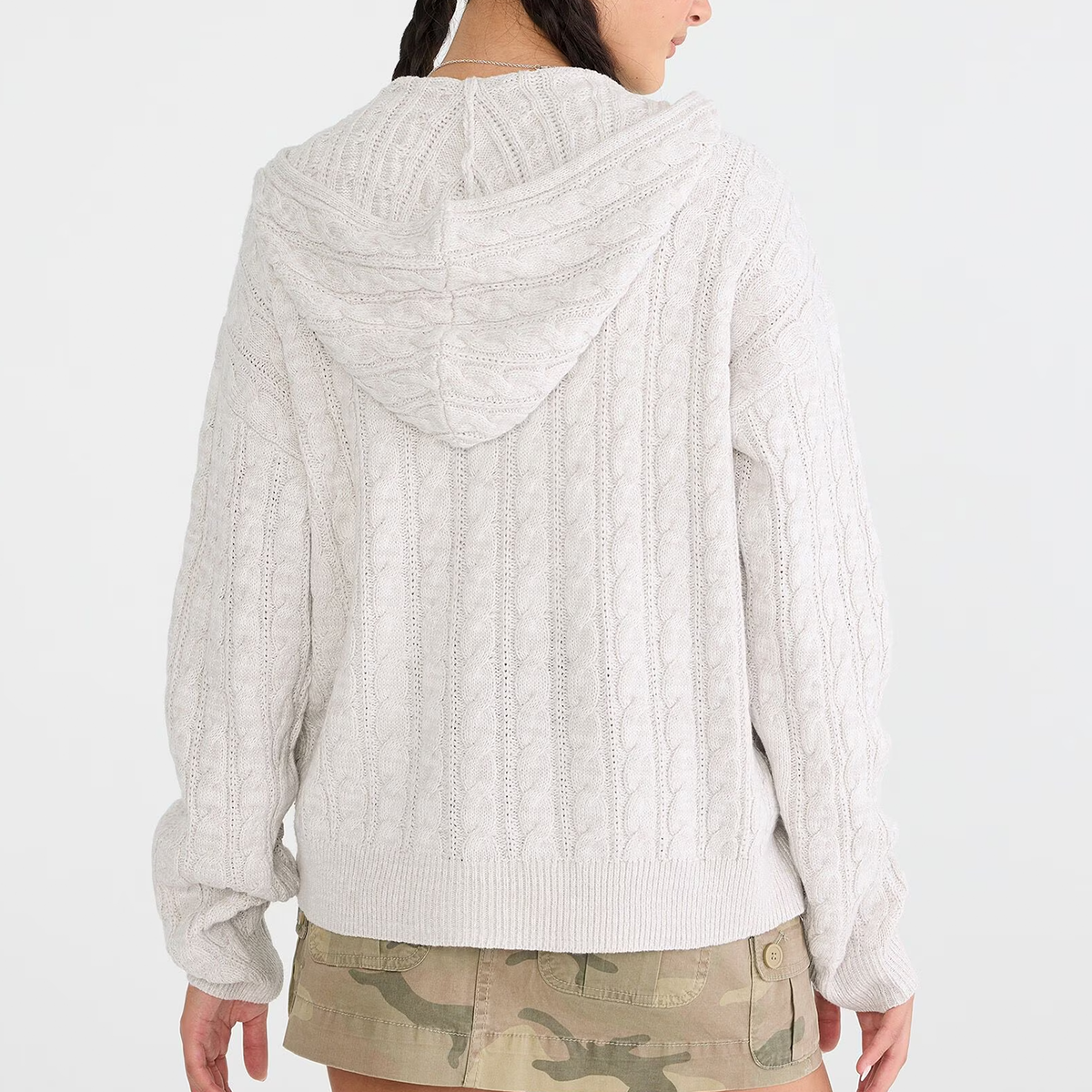 White Cable Knit Full Zip Hooded Sweater