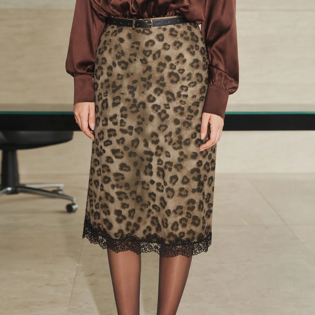 Animal Print Lace Trim Straight Midi Skirt