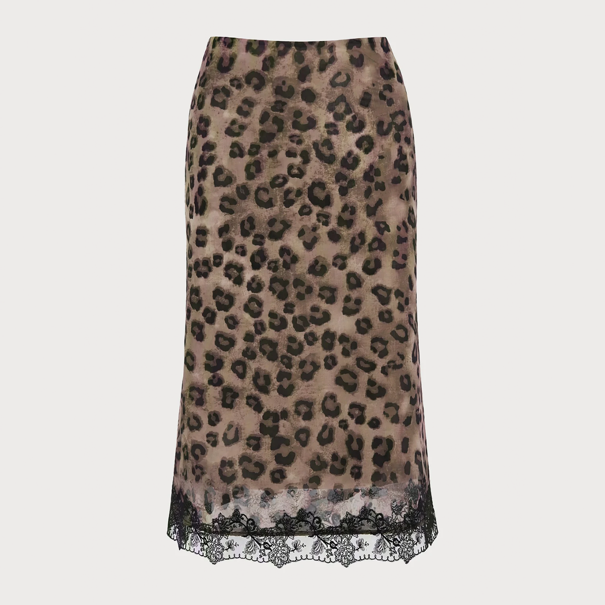 Animal Print Lace Trim Straight Midi Skirt