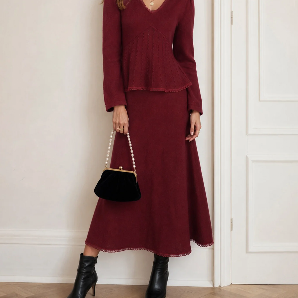 Red Lace Hem Elastic Waist A-Line Maxi Skirt