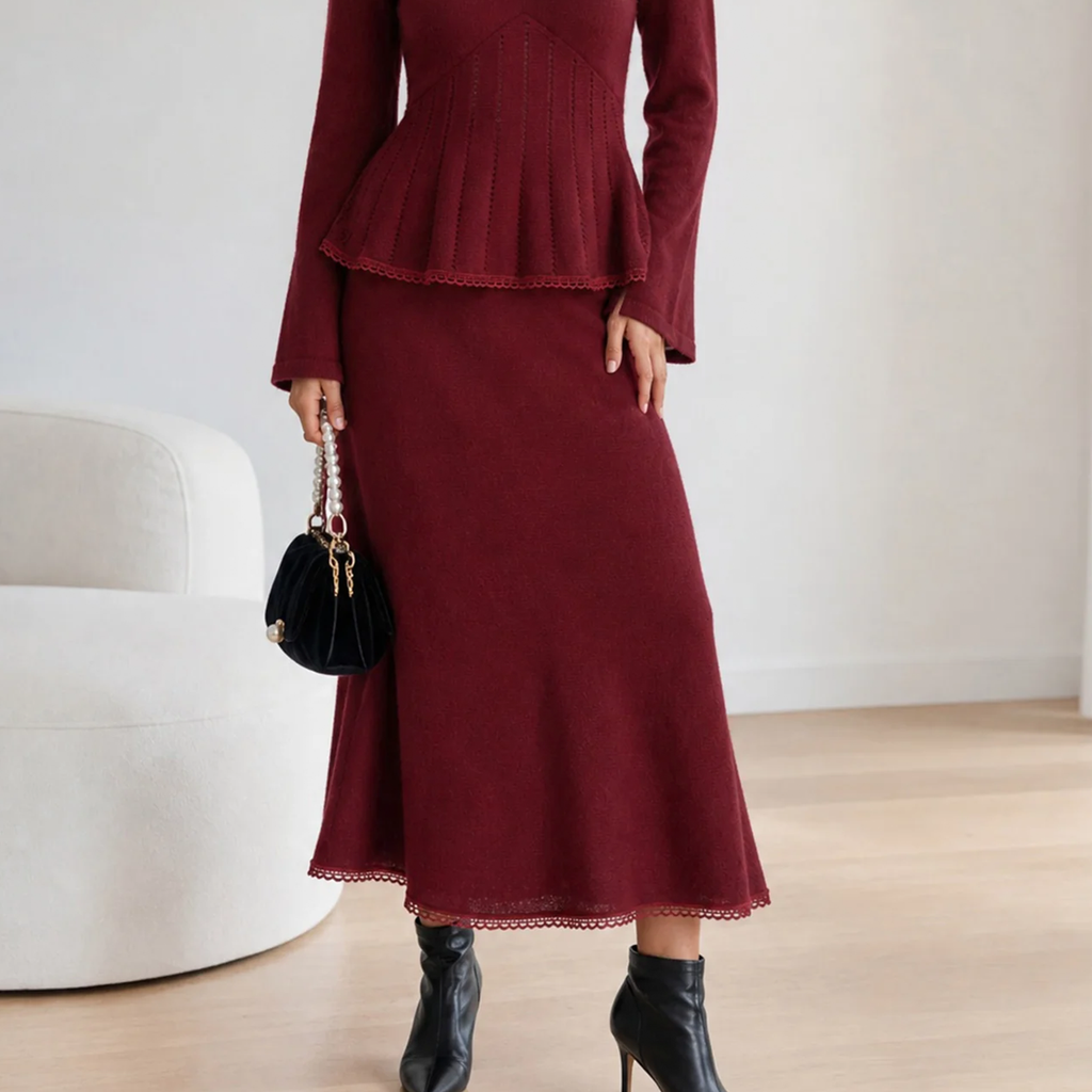Red Lace Hem Elastic Waist A-Line Maxi Skirt