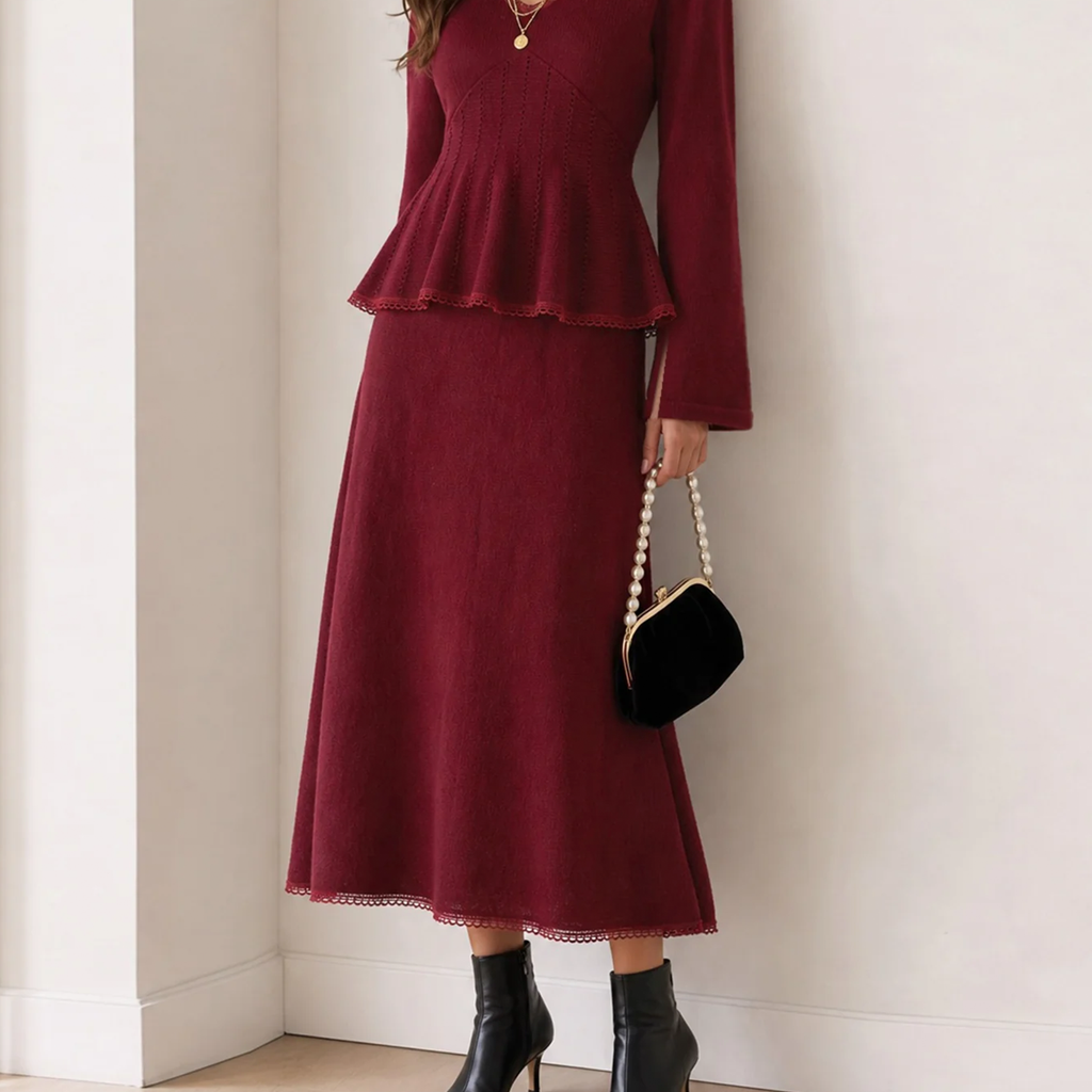 Red Lace Hem Elastic Waist A-Line Maxi Skirt