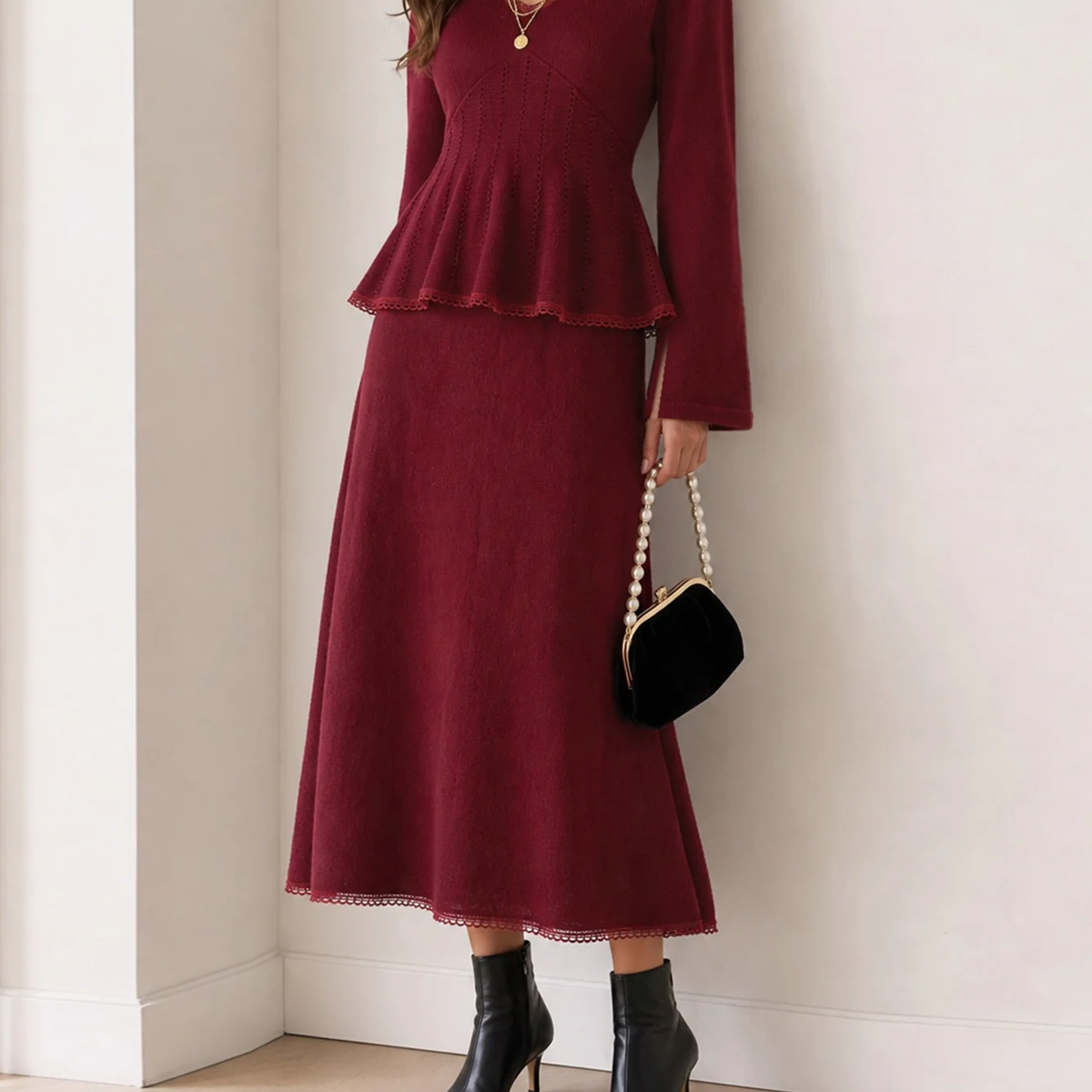 Red Lace Hem Elastic Waist A-Line Maxi Skirt