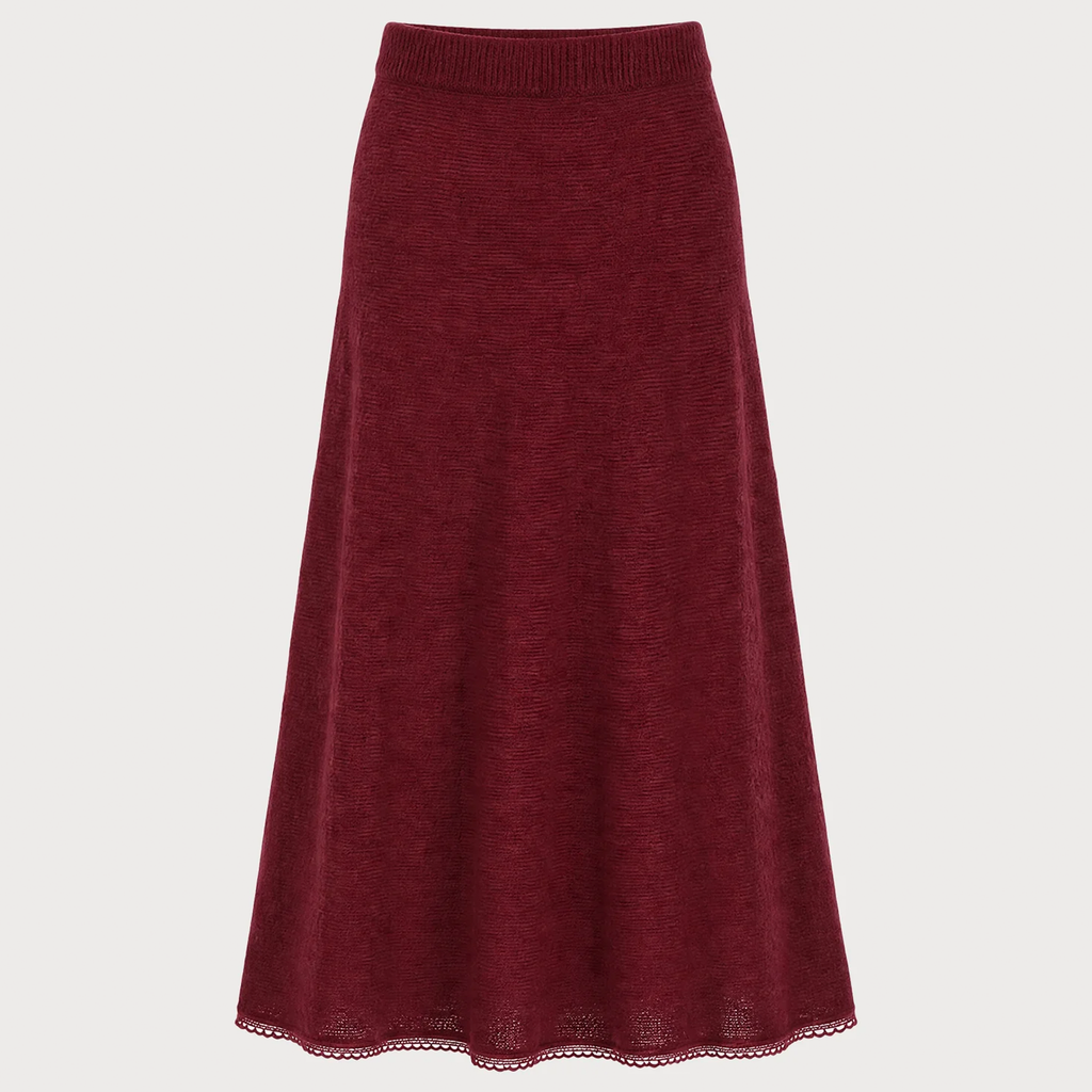 Red Lace Hem Elastic Waist A-Line Maxi Skirt