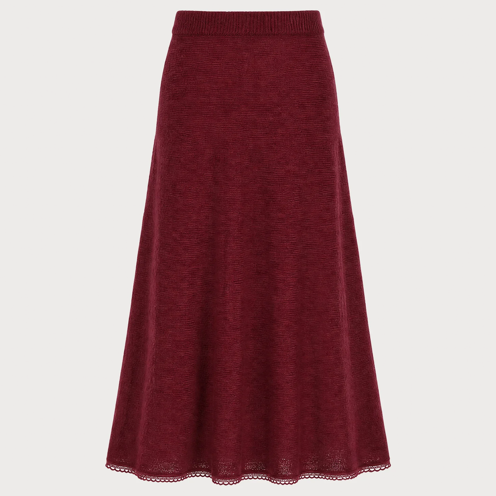Red Lace Hem Elastic Waist A-Line Maxi Skirt
